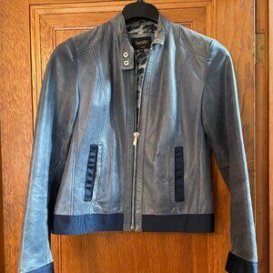 Blue, ribbon-trimmed, leather jacket from Laundry by Shelli Segal